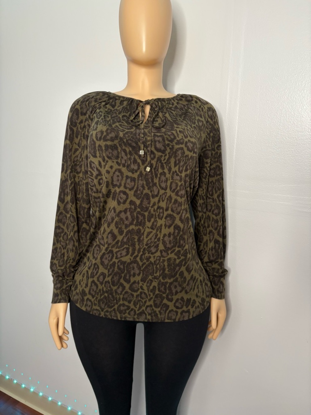 Olive Green Leopard Print Long Sleeve Women's Top